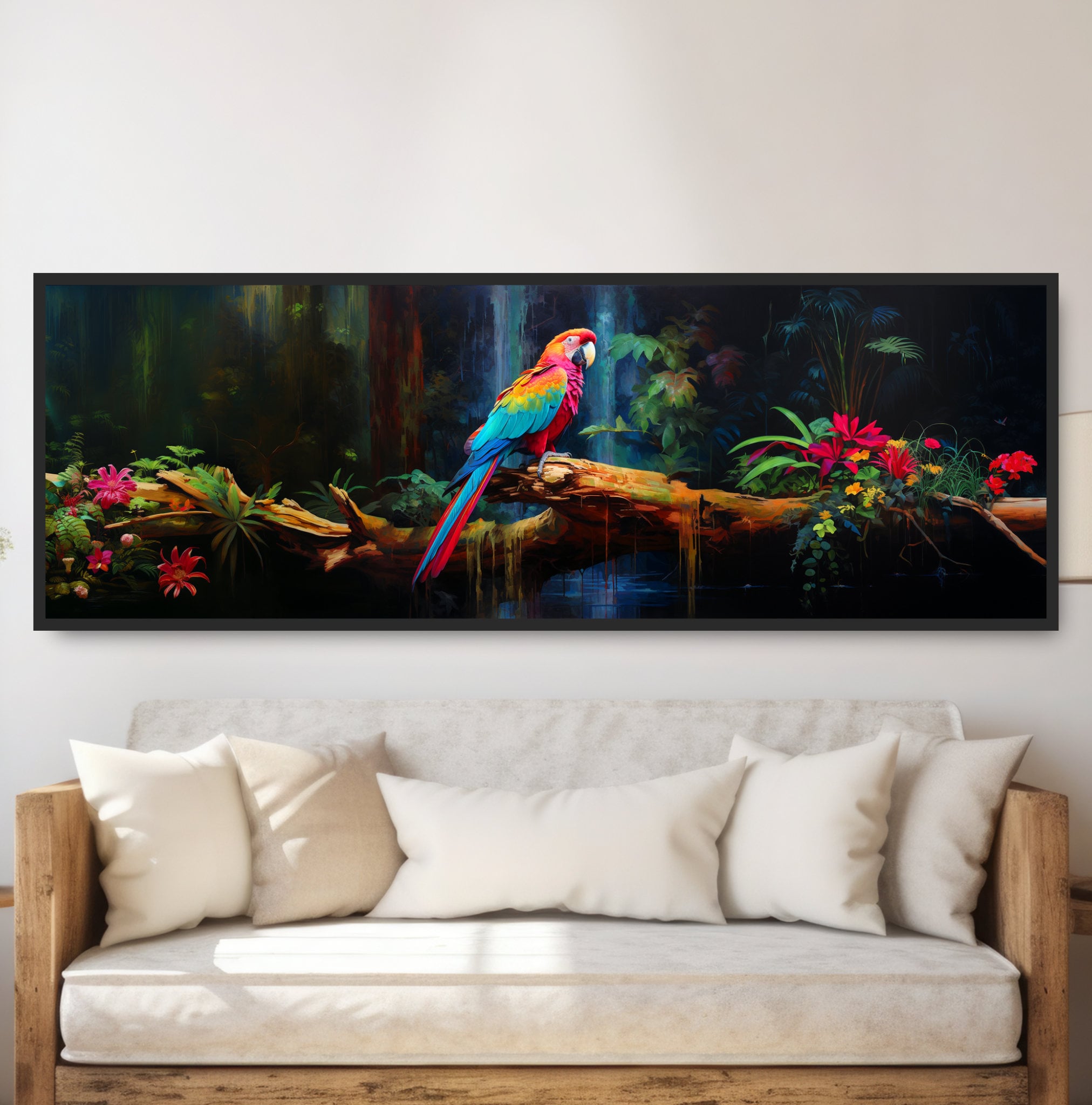 Macaw Parrot & Jungle Waterfall. Colorful Panoramic Painting. Large ... - Macaw Bird Fancy Cage Waterfall