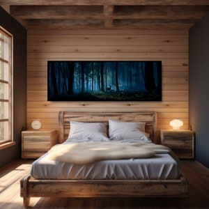 May include: A bedroom with a wooden bed frame, nightstands, and a large framed artwork depicting a forest scene. The artwork shows a forest with deer. The room has wooden paneling on the walls and ceiling, with a window on the left side.
