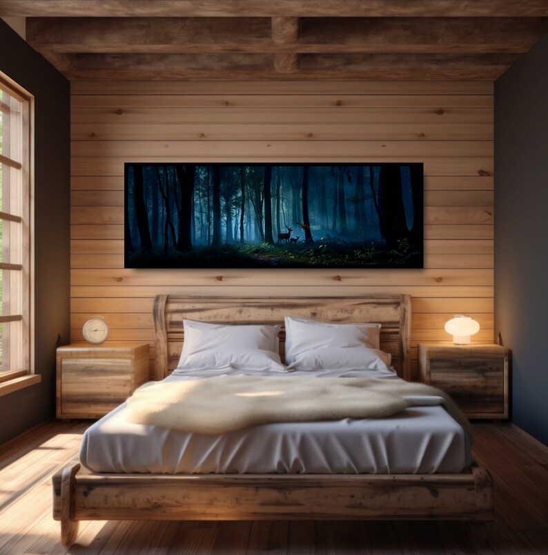 May include: A bedroom with a wooden bed frame, nightstands, and a large framed artwork depicting a forest scene. The artwork shows a forest with deer. The room has wooden paneling on the walls and ceiling, with a window on the left side.
