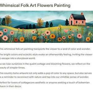 May include: Whimsical folk art painting of a pink cottage with a black roof, surrounded by colorful flowers in a field. The background features rolling hills and a blue sky.