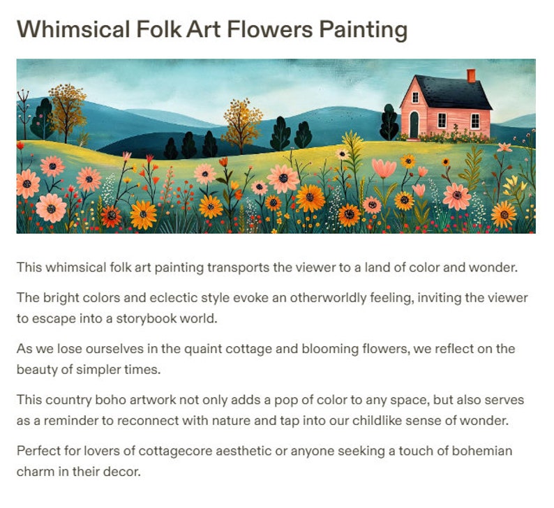 May include: Whimsical folk art painting of a pink cottage with a black roof, surrounded by colorful flowers in a field. The background features rolling hills and a blue sky.