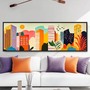 Colorful Abstract City Skyline Artwork, Retro Orange Lavender Skyscrapers, Modern Cityscape, Panoramic Canvas Art, Geometric Papercut Style