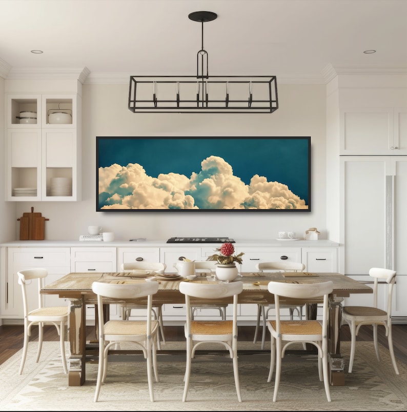 Foto vintage de nubes en el cielo. Arte surrealista de ensueño, decoración minimalista de pared, lienzo panorámico grande, póster, calma zen, azul y blanco. imagen 5