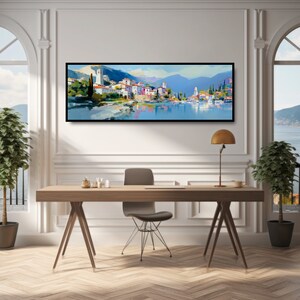 Italian Seaside Village Panoramic Oil Painting Print. Mediterranean Ocean Town, Romantic Coastal Italy, Colorful Reflections in a Calm Sea. image 6