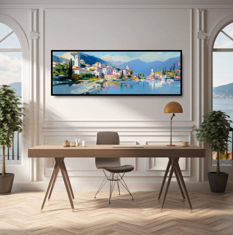 Italian Seaside Village Panoramic Oil Painting Print. Mediterranean Ocean Town, Romantic Coastal Italy, Colorful Reflections in a Calm Sea. image 6