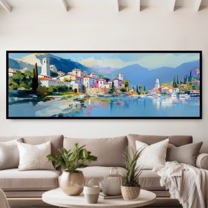 Italian Seaside Village Panoramic Oil Painting Print. Mediterranean Ocean Town, Romantic Coastal Italy, Colorful Reflections in a Calm Sea. image 1
