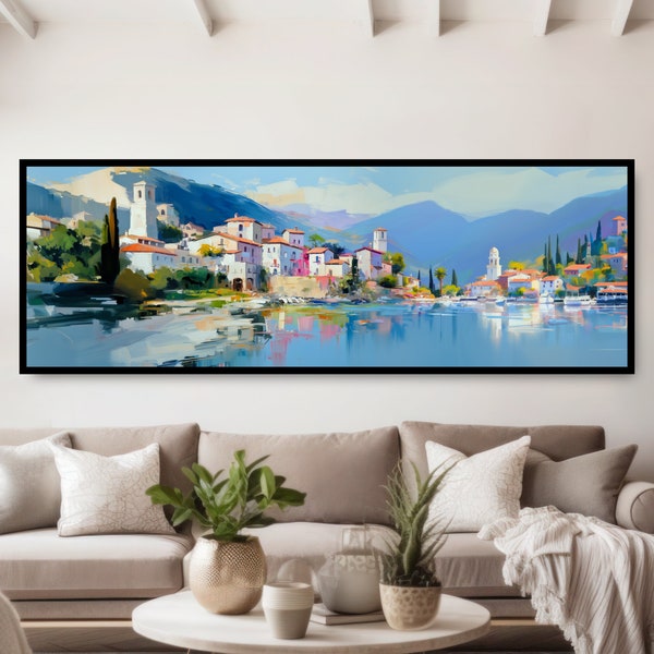 Italian Seaside Village Panoramic Oil Painting Print. Mediterranean Ocean Town, Romantic Coastal Italy, Colorful Reflections in a Calm Sea.