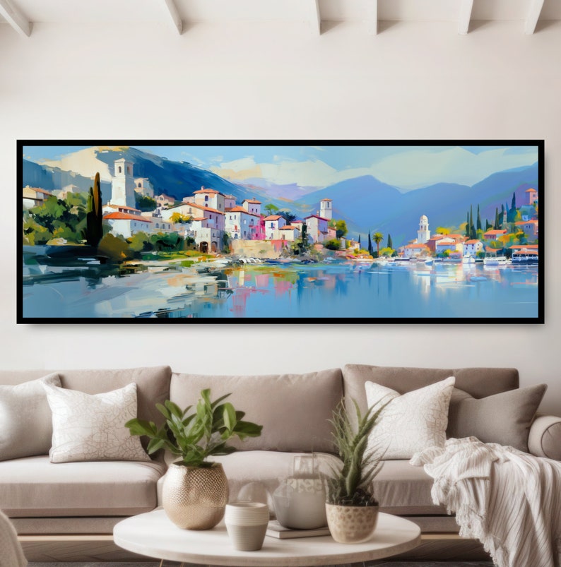 Italian Seaside Village Panoramic Oil Painting Print. Mediterranean Ocean Town, Romantic Coastal Italy, Colorful Reflections in a Calm Sea. image 1