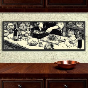 May include: Black and white illustration of a kitchen scene. A person is preparing food at a table filled with ingredients, pots, and bottles. The artwork has a vintage, sketched style, with a focus on culinary preparation.