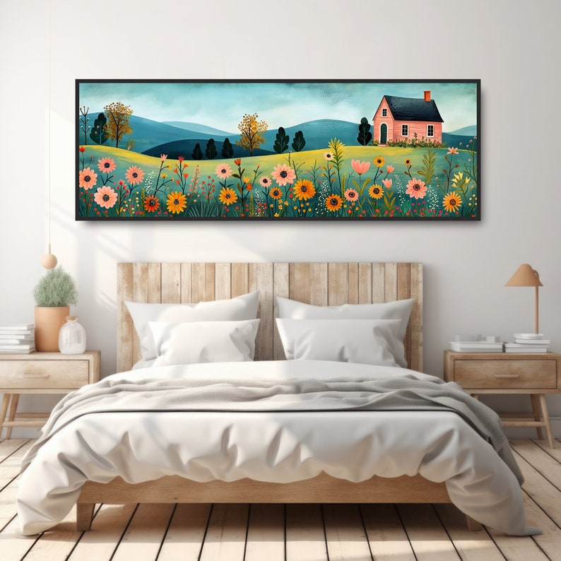 May include: A framed illustration of a pink house with a green roof in a field of colorful flowers. The house is surrounded by a field of flowers in shades of pink, yellow, orange, and red. The background is a blue sky with green hills.