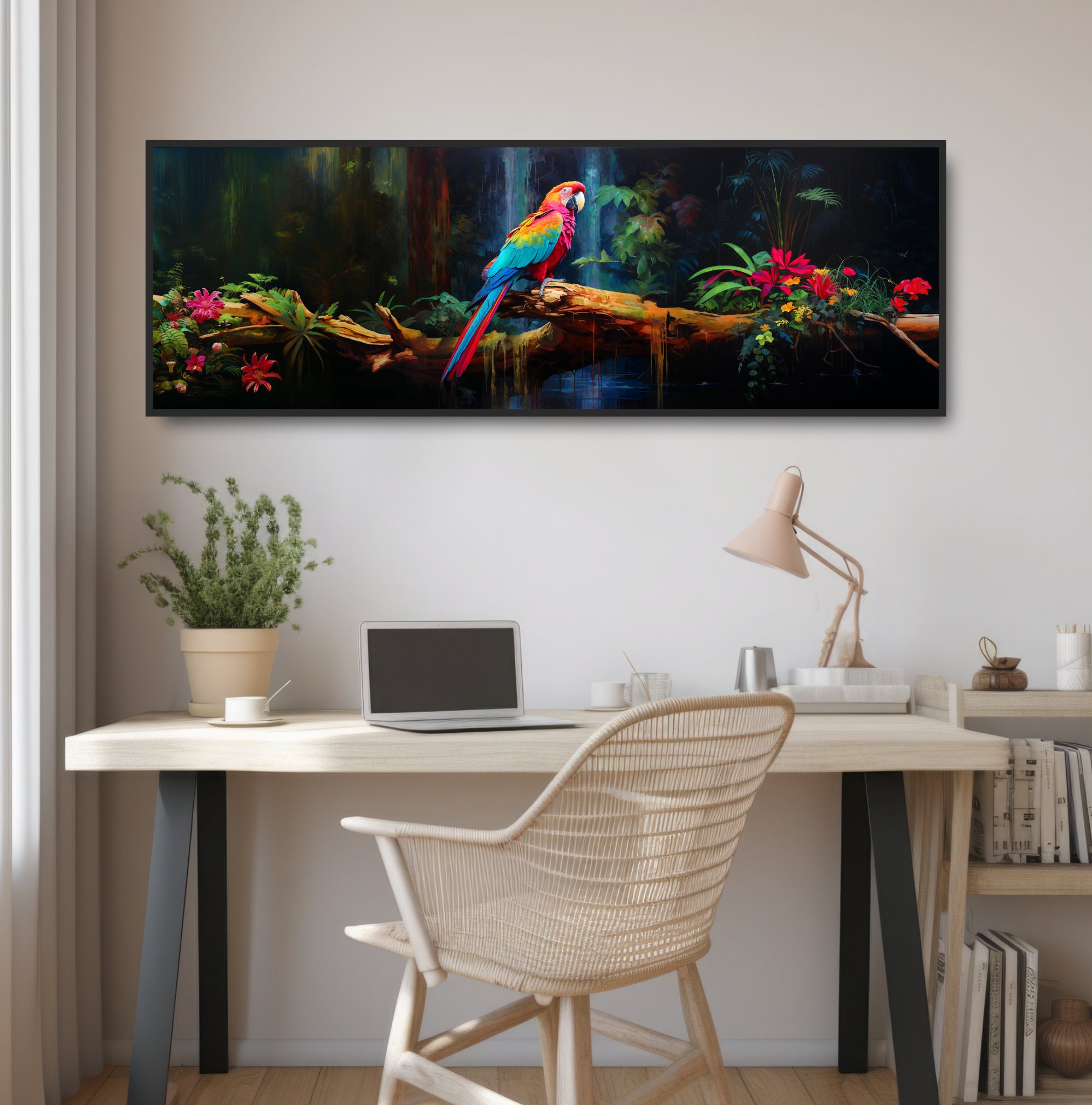 Macaw Parrot & Jungle Waterfall. Colorful Panoramic Painting. Large ... - Macaw Habitat With Waterfall Inspiration