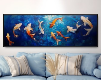 Koi Fish Pond Oil Painting. Colorful Zen Home Decor Art. Japanese Underwater Marine Life. Large Panoramic Canvas Art. Blue Water Lake Poster