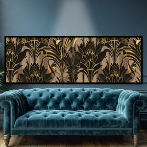Vintage Art Deco Pattern Panoramic Wall Art. Luxury Black & Gold Art Nouveau Boho Decor. 1920s Elegant Sophisticated Chic Glamour Artwork.