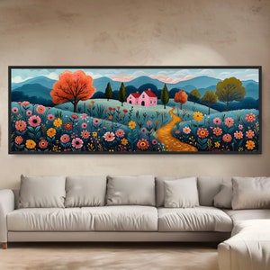 May include: A painting of a pink house with a yellow path leading to it. The house is surrounded by a field of colorful flowers and trees. The background is a blue sky with mountains in the distance.