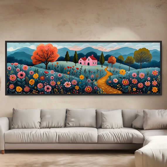 Whimsical Cottage Folk Art Painting. Colorful Garden Storybook Wall Art. Vibrant Wildflowers. Happy Vivid Hillside House Pathway Blue Hills.