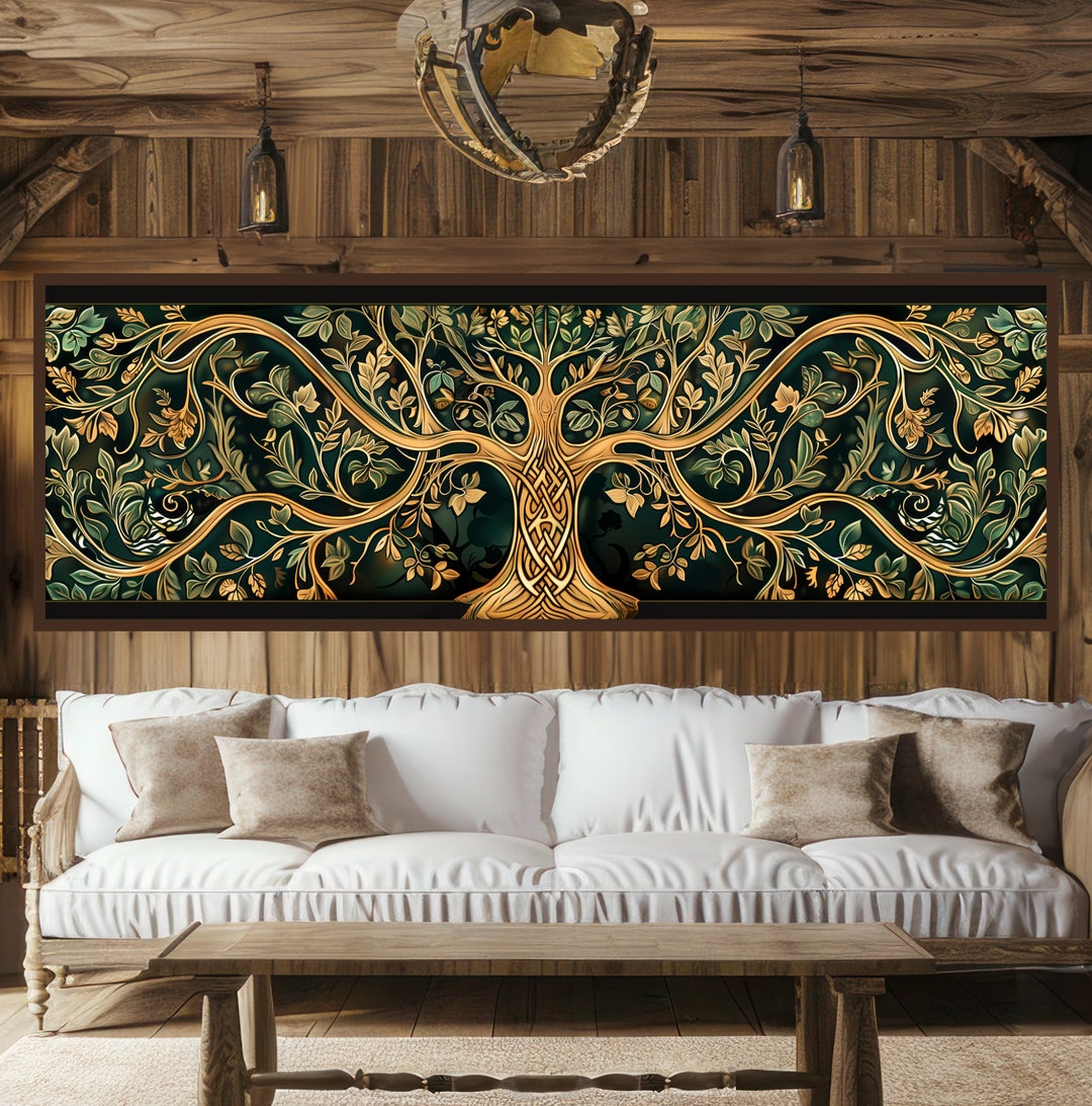 Sacred Celtic Knot Tree of Life Yggdrasil Painting. Golden Mystical
