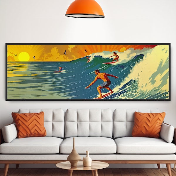 Gift for Surfer. Retro Surf Couple Illustration. Vintage 1960s Advertising Art, California Beach House Decor, Panoramic Ocean Waves Sunset.