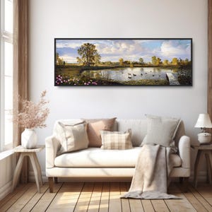 May include: A panoramic landscape painting depicting a tranquil lake with a wooden dock extending into the water. The lake is surrounded by lush green trees and a cloudy sky. Ducks are swimming in the lake.