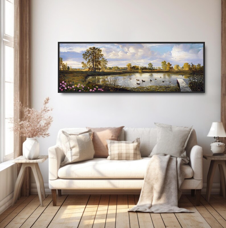 May include: A panoramic landscape painting depicting a tranquil lake with a wooden dock extending into the water. The lake is surrounded by lush green trees and a cloudy sky. Ducks are swimming in the lake.