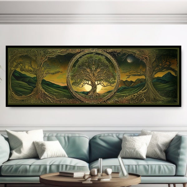 Tree of Life Yggdrasil Wall Art. Golden Mystical Art Nouveau Painting. Panoramic Sunrise Sunset Moon Illustration. Earthy Norse Mythology.