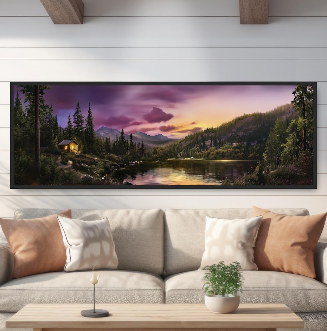 Photo inspiration: Picture Idea: Rustic Lake Cabin Painting Print Cozy Lakeside Mountain Sunset Wall