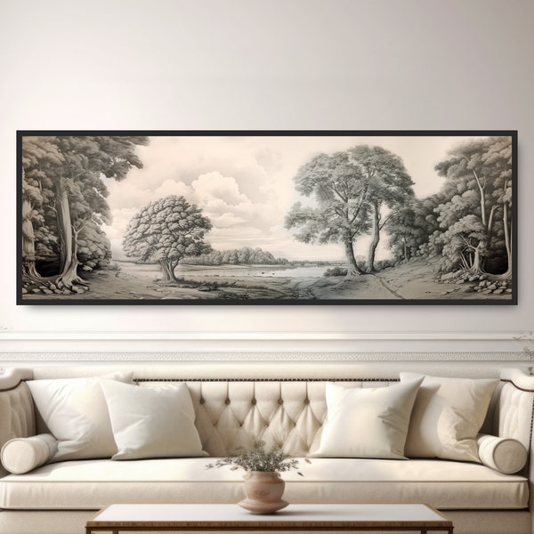 Black & White Trees Drawing. Large Panoramic Traditional Print. Rustic  Countryside Neutral Farmhouse Decor. Vintage Forest Pond Etching.