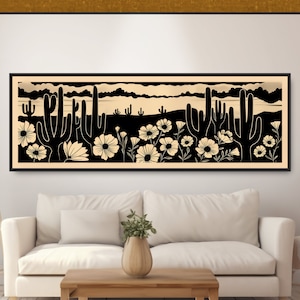 Impression d'art mural fleurs et cactus paysage désertique. Décoration western rétro en noir et blanc. Oeuvre d'art botanique de gravure sur bois de cactus monochromes.