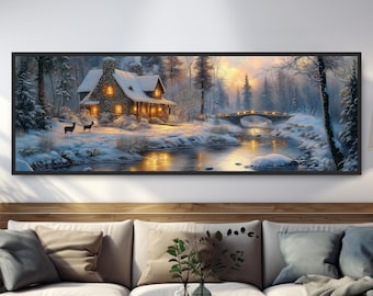 Winter Cottage Deer Oil Painting Print, Snowy Cabin Scene, Woodland Wildlife, Rustic Lodge Decor, Forest River Artwork, Panoramic Canvas Art