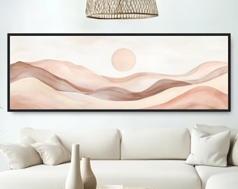 Lienzo con paisaje de atardecer neutro, montaña abstracta y serena, arte panorámico, acuarela minimalista en tonos tierra, decoración de pared boho en tonos beige y marrón.