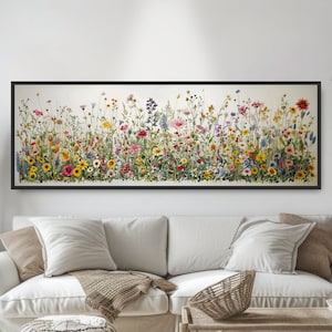 Colorful Wildflower Garden Watercolor Painting. Pretty Floral Wall Art Print. Nature Panoramic Landscape. Boho Country Farmhouse Home Decor.