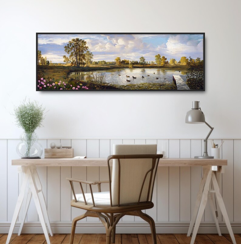 May include: A panoramic landscape painting of a lake with a wooden bridge leading to a small island. The lake is surrounded by trees and green grass. The sky is blue with white clouds. There are ducks swimming in the lake.
