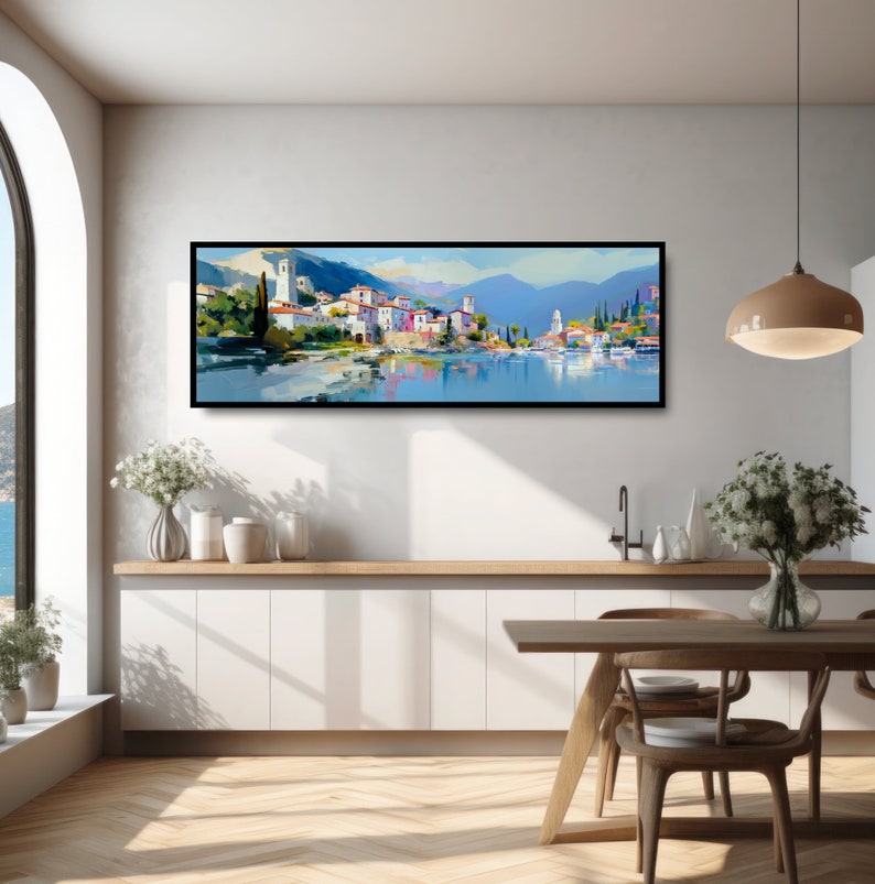Italian Seaside Village Panoramic Oil Painting Print. Mediterranean Ocean Town, Romantic Coastal Italy, Colorful Reflections in a Calm Sea. image 4