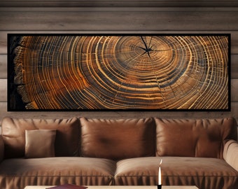 Cut Tree Trunk Rings Canvas Print. Panoramic Wall Art. Wood Stump Grain Cross Section, Brown Gold Beige Warm Neutral Earth Tones Cabin Decor