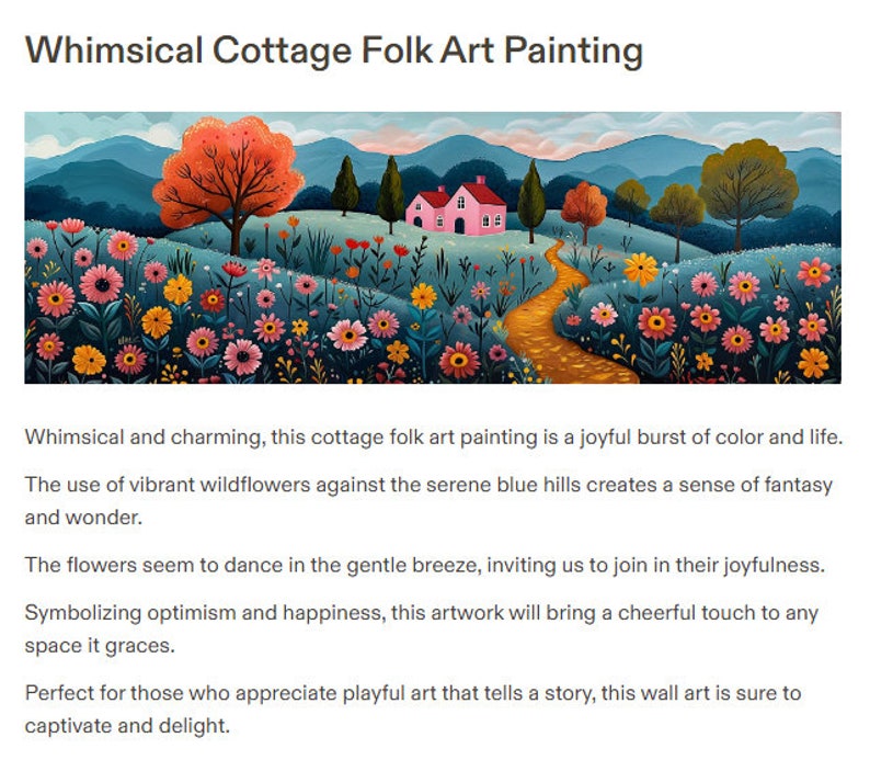 May include: Whimsical folk art painting of a cottage with a pink roof, surrounded by colorful wildflowers and a winding path leading to it. The background features blue hills and a bright orange tree.