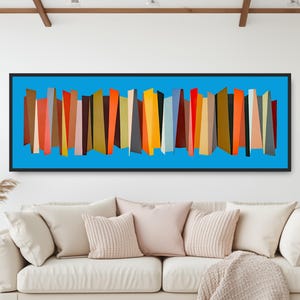 May include: Abstract art print featuring a colorful geometric pattern of rectangles and triangles in shades of red, orange, yellow, green, blue, brown, and black against a bright blue background.