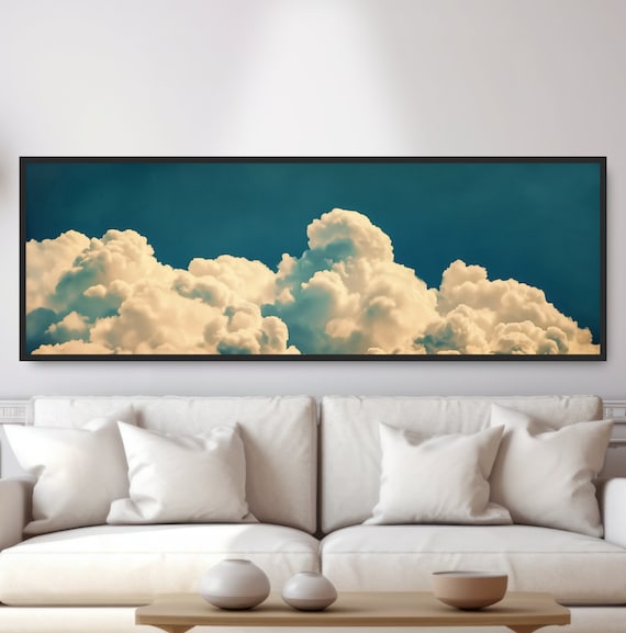 Vintage Clouds in Sky Photo. Surreal Dream Art, Minimalist Wall Decor, Large Panoramic Canvas, Poster Artwork, Tranquil Zen Calm Blue White.