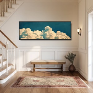 Foto vintage de nubes en el cielo. Arte surrealista de ensueño, decoración minimalista de pared, lienzo panorámico grande, póster, calma zen, azul y blanco. imagen 7