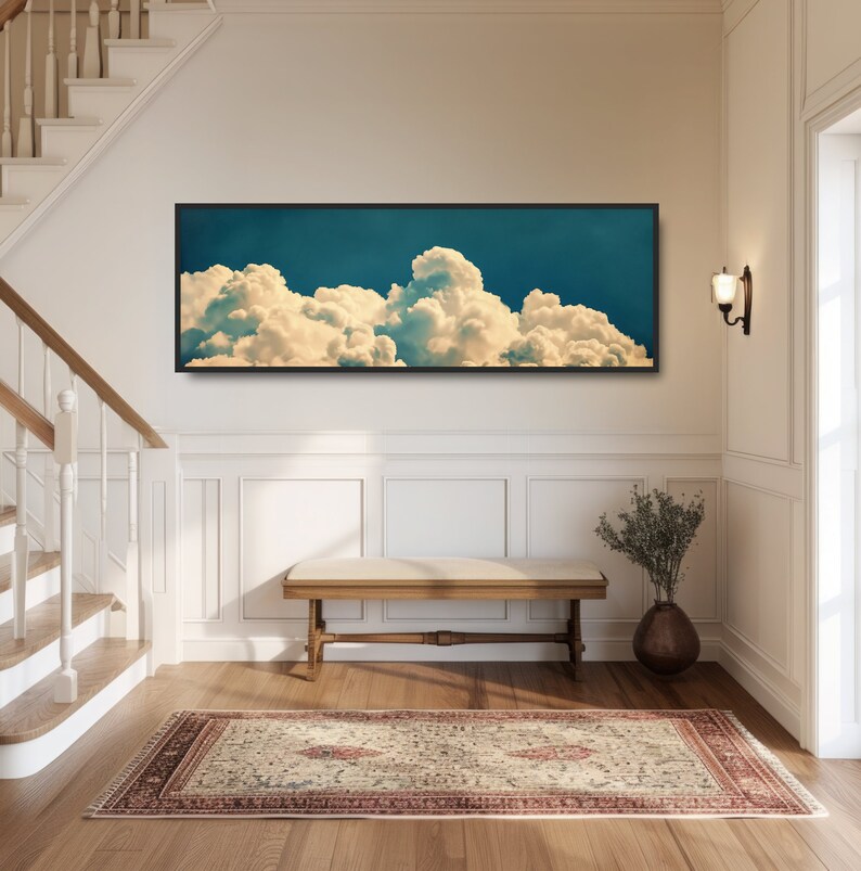 Foto vintage de nubes en el cielo. Arte surrealista de ensueño, decoración minimalista de pared, lienzo panorámico grande, póster, calma zen, azul y blanco. imagen 7