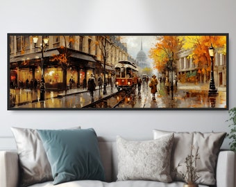 European Tram Street Scene Panoramic Painting. Classic Vintage Trolly, Streetcar Art. Large Elegant Panoramic Europe Landscape Canvas Print