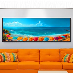 Station estivale photo carte postale art mural parasols colorés plage maison déco bord de mer océan vacances panoramique photographie côtière bleu ciel mer