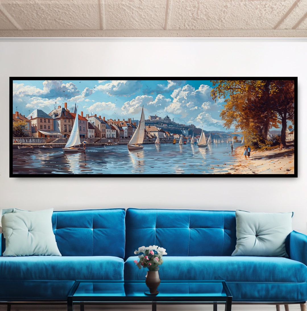 River Sailboats Oil Painting Print. Vintage Nautical Wall Decor. Old