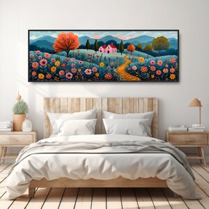 May include: A digital painting of a pink house with a yellow path leading to it. The house is surrounded by a field of colorful flowers and green trees. The background is a blue sky with mountains in the distance.