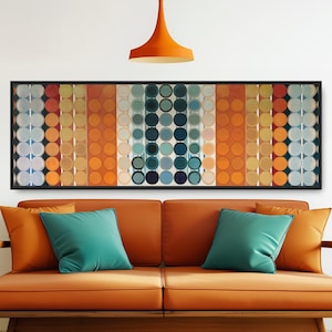 Mid Century Dot Pattern Geometric Wall Art, Colorful Circles,Teal Orange Panoramic Canvas Art, Abstract Modern Home Decor Bold Graphic Print