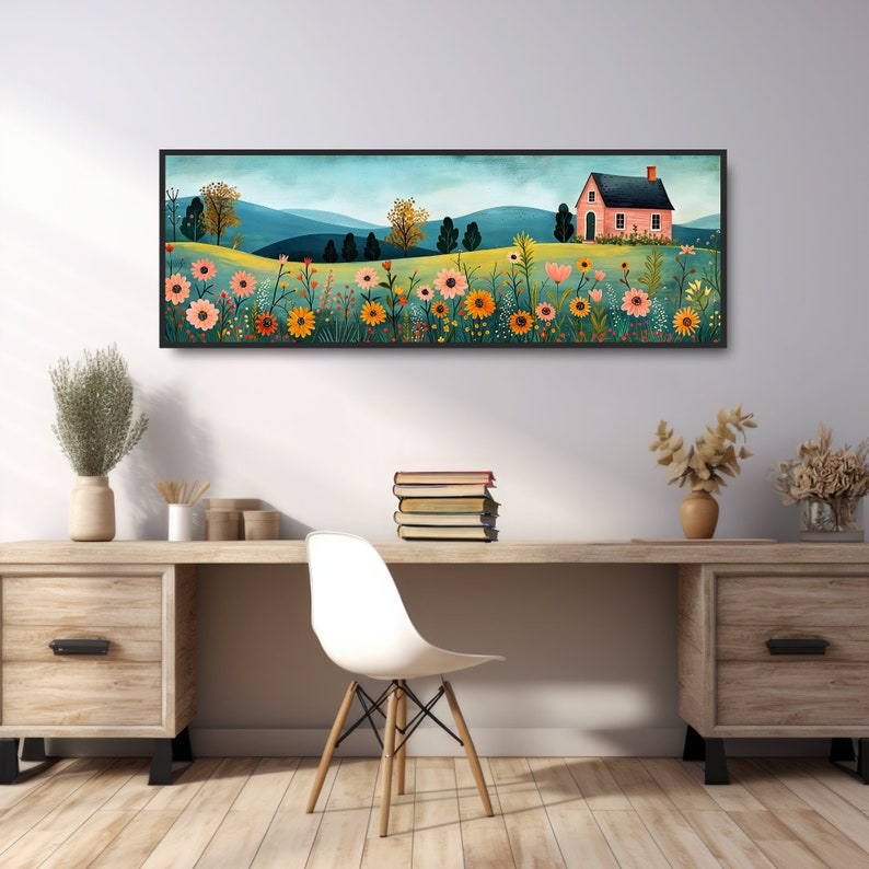 May include: A panoramic landscape painting featuring a pink house with a green roof, surrounded by a field of colorful flowers. The background shows a blue sky with rolling hills and trees.