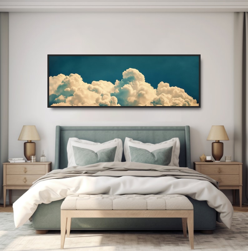 Foto vintage de nubes en el cielo. Arte surrealista de ensueño, decoración minimalista de pared, lienzo panorámico grande, póster, calma zen, azul y blanco. imagen 4