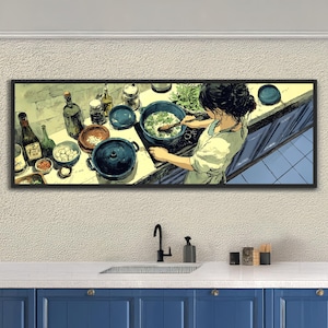 Peut inclure: Une impression d'art encadrée représentant une scène de cuisine avec une personne en train de cuisiner. L'œuvre présente une personne remuant une casserole sur une cuisinière, entourée de divers ustensiles de cuisine, bols et bouteilles. La palette de couleurs comprend des bleus, des verts et des bruns.