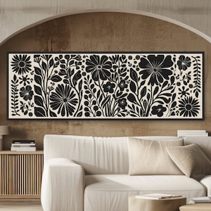 Abstract Geometric Flowers. Minimalist Botanical Floral Print Wall Art. MidCentury Modern Boho Decor. Neutral Panoramic Nature Illustration.
