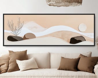 Minimalist Desert Canyon Wall Art, Japandi Mountain Landscape, Sunrise Stones Rocks Plants, Neutral Beige Brown Earth Tones Panoramic Canvas