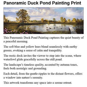 May include: A painting of a tranquil duck pond scene with a wooden dock extending into the water. The pond is surrounded by trees and lush greenery, with a soft blue and yellow sky above. The painting captures the peaceful beauty of a summer morning.