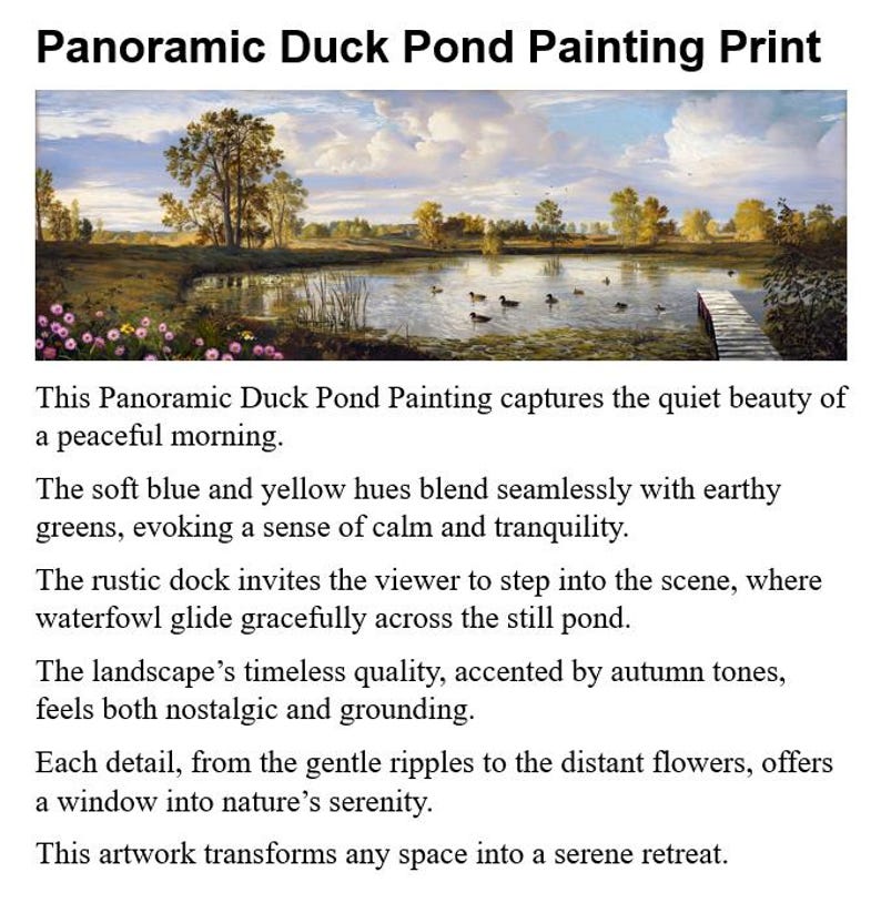 May include: A painting of a tranquil duck pond scene with a wooden dock extending into the water. The pond is surrounded by trees and lush greenery, with a soft blue and yellow sky above. The painting captures the peaceful beauty of a summer morning.